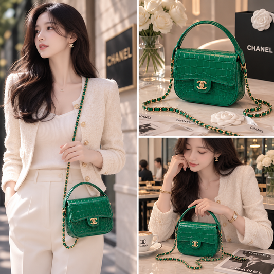 Chanel Mini Flap Bag With Top Handle Crocodile Leather in Green AS6424 - Pre-Owned Authentic