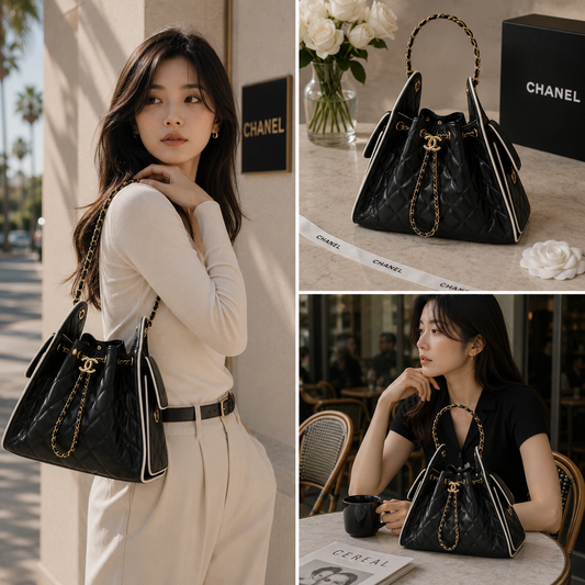 Pre-Owned Authentic Chanel 25 Small AS5293 in Calfskin & Gold-Tone Metal Black & White