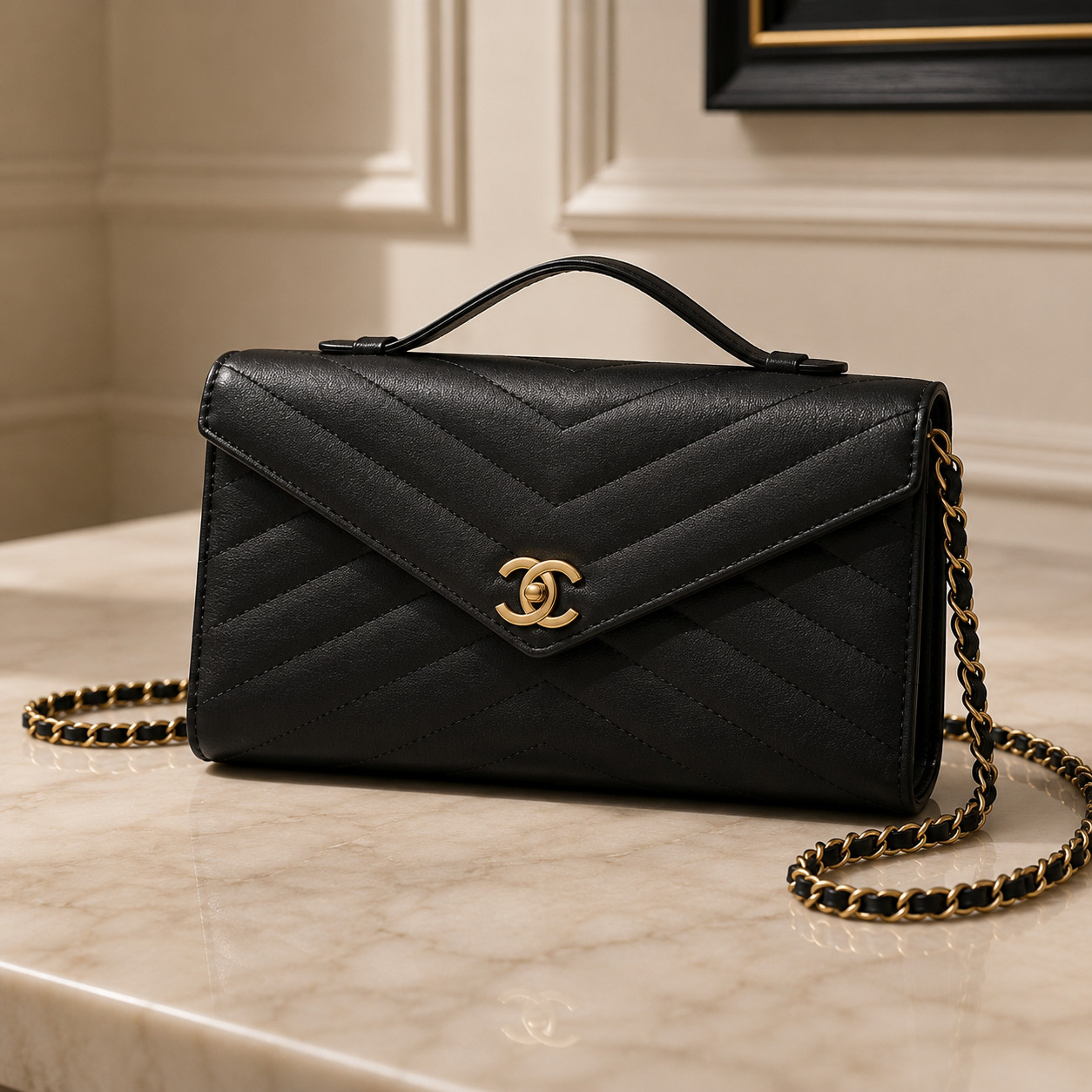 Pre-Owned Authentic Chanel Chevron Wallet on Chain Black