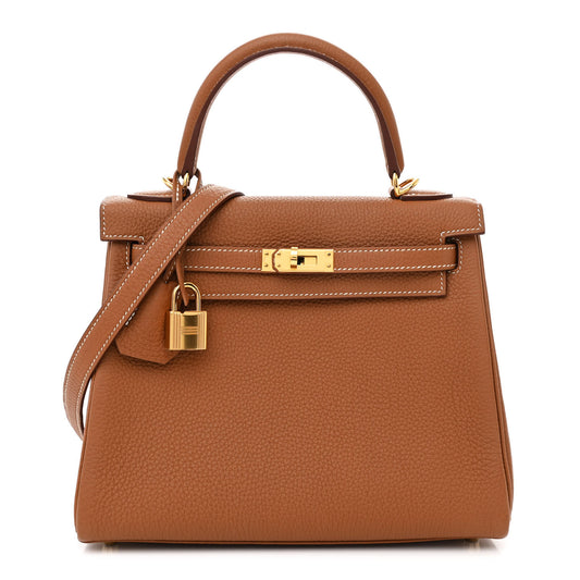Pre-Owned Authentic Hermes Kelly 25 Tan Leather in Gold