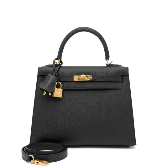 Pre-Owned Authentic Hermes Kelly Sellier 25 in Black Epsom with Gold Hardware