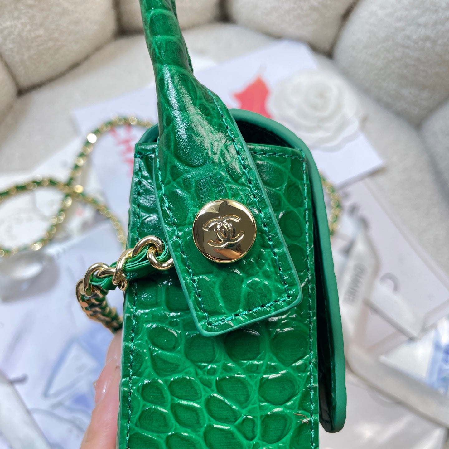Chanel Mini Flap Bag With Top Handle Crocodile Leather in Green AS6424 - Pre-Owned Authentic
