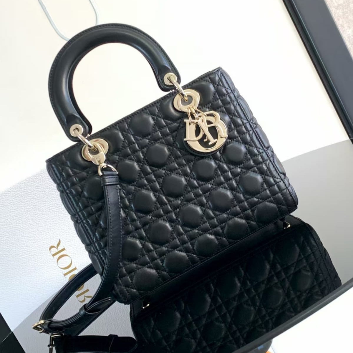 Dior Lady Dior Medium Bag – Black Cannage Lambskin with Pale Gold Hardware – Pre-Owned Authentic