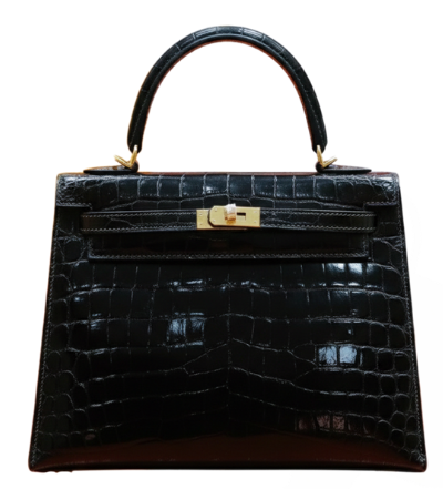 Pre-Owned Authentic Hermes Kelly 25 Embossed Cowhide Leather In Crocodile Print Black