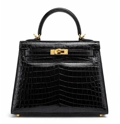 Pre-Owned Authentic Hermes Kelly 25 Black Real Crocodile