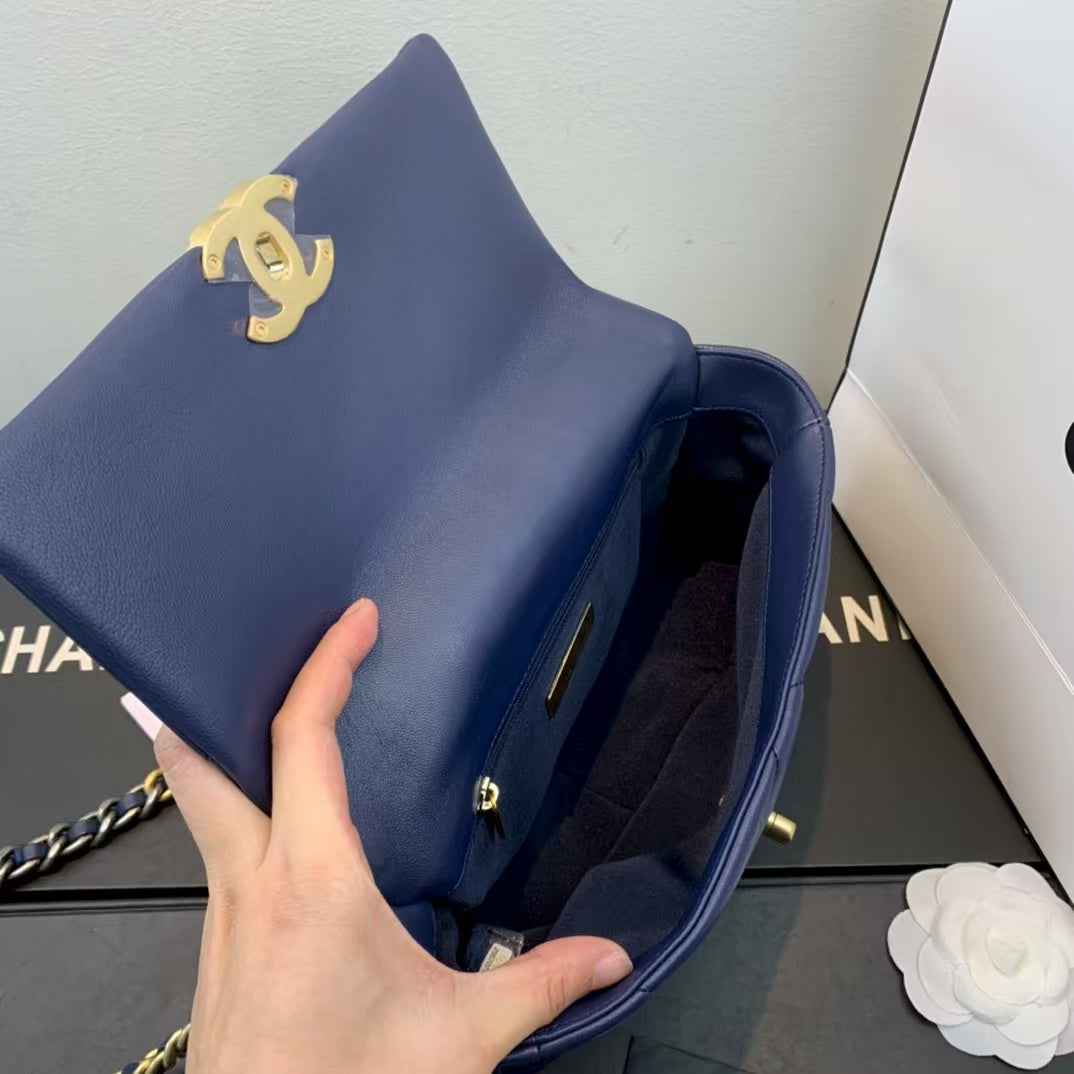 Pre-Owned Authentic Chanel 19 Large Flap Bag Dark Blue Goatskin