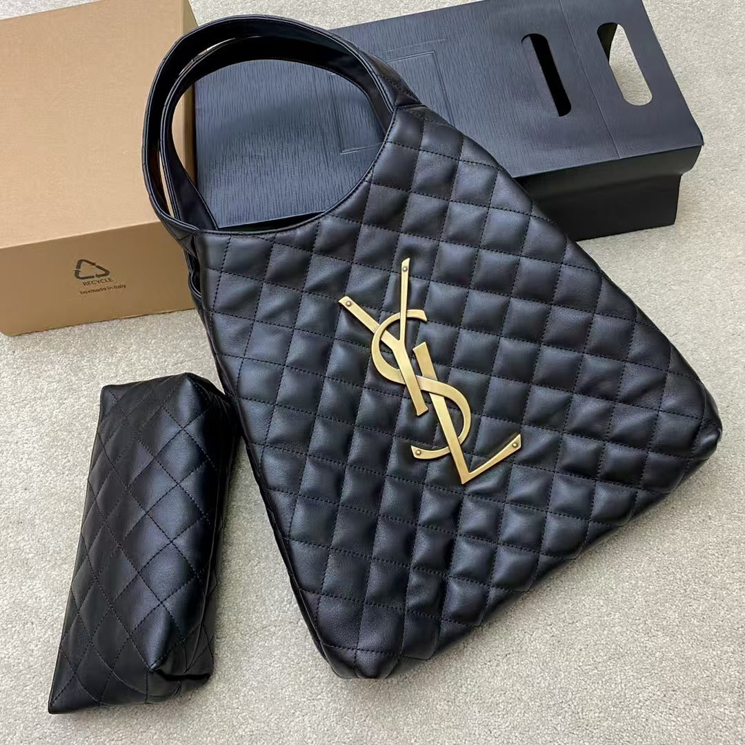 Pre-Owned Authentic YSL Icare Maxi Shopping Tote –Black Lambskin Quilted Leather