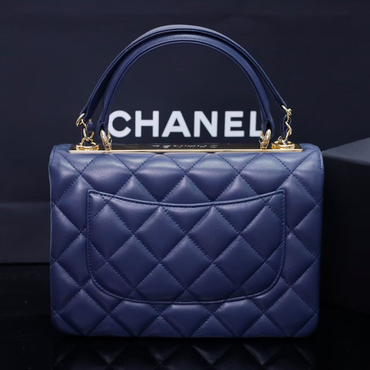 Pre-Owned Authentic 25cm Chanel Trendy Large Bag Navy Blue