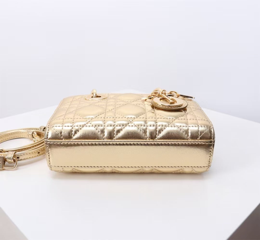 Dior Micro Lady D-Joy Bag Metallic Gold Lambskin Cannage Pre-Owned Authentic