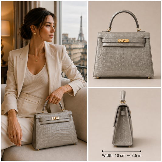 Hermès Kelly 25 Grey crocodile-embossed leather lifestyle