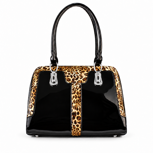 Diana Black Leopard Print Calfskin Handbag front view