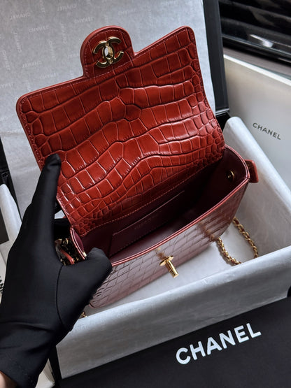 hanel Mini Flap Bag With Top Handle Crocodile-Embossed Calfskin Red – Pre-Owned Authentic