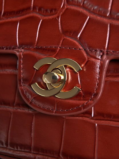 hanel Mini Flap Bag With Top Handle Crocodile-Embossed Calfskin Red – Pre-Owned Authentic