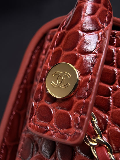 hanel Mini Flap Bag With Top Handle Crocodile-Embossed Calfskin Red – Pre-Owned Authentic