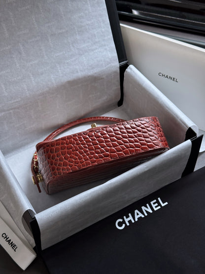 hanel Mini Flap Bag With Top Handle Crocodile-Embossed Calfskin Red – Pre-Owned Authentic
