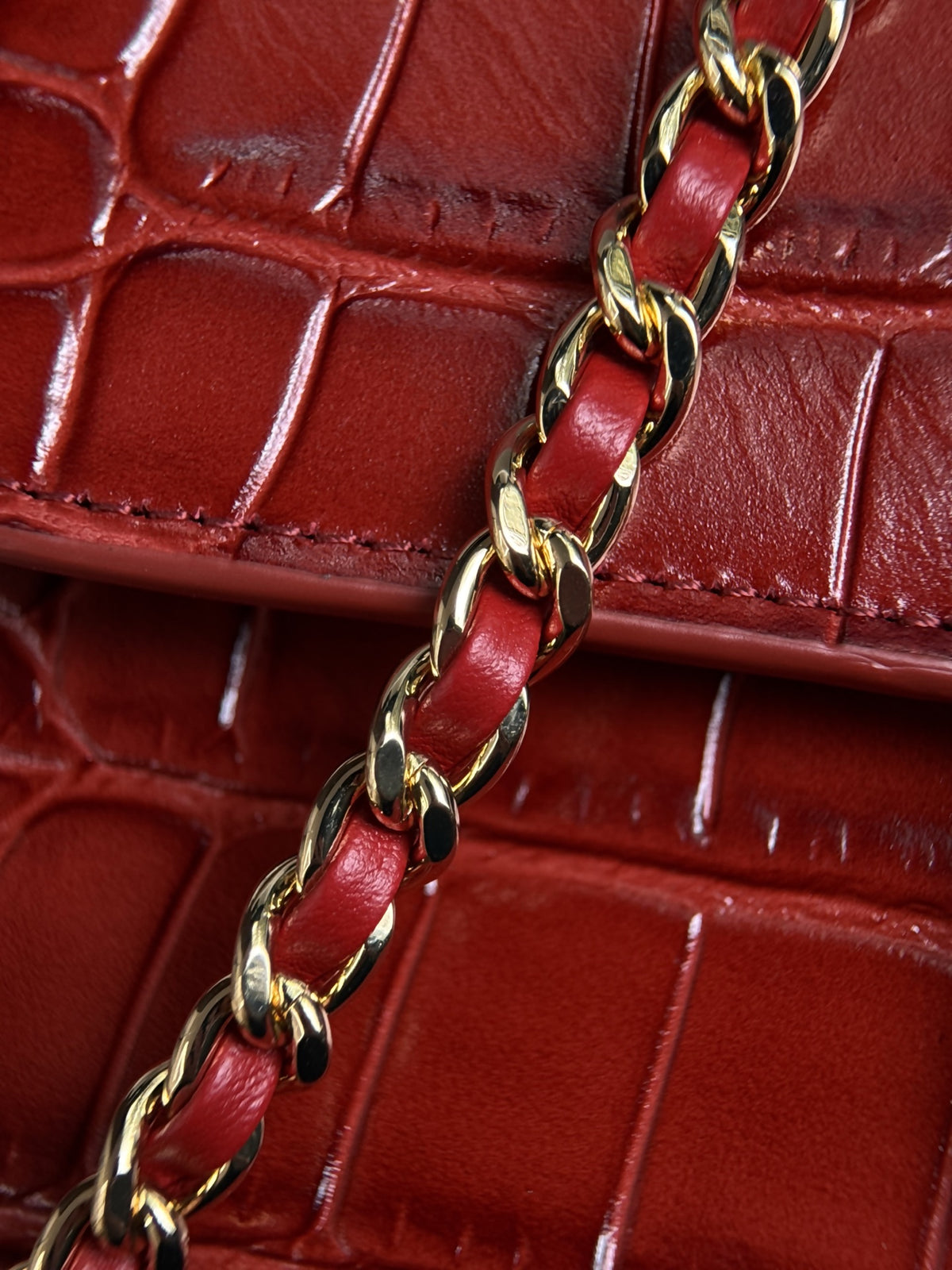 hanel Mini Flap Bag With Top Handle Crocodile-Embossed Calfskin Red – Pre-Owned Authentic