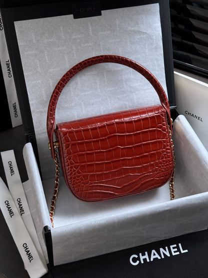 hanel Mini Flap Bag With Top Handle Crocodile-Embossed Calfskin Red – Pre-Owned Authentic