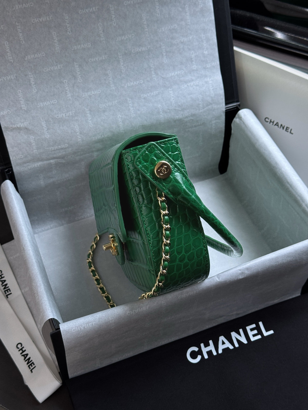 Chanel Mini Flap Bag With Top Handle Crocodile-Embossed Calfskin Green AS6424 – Pre-Owned Authentic