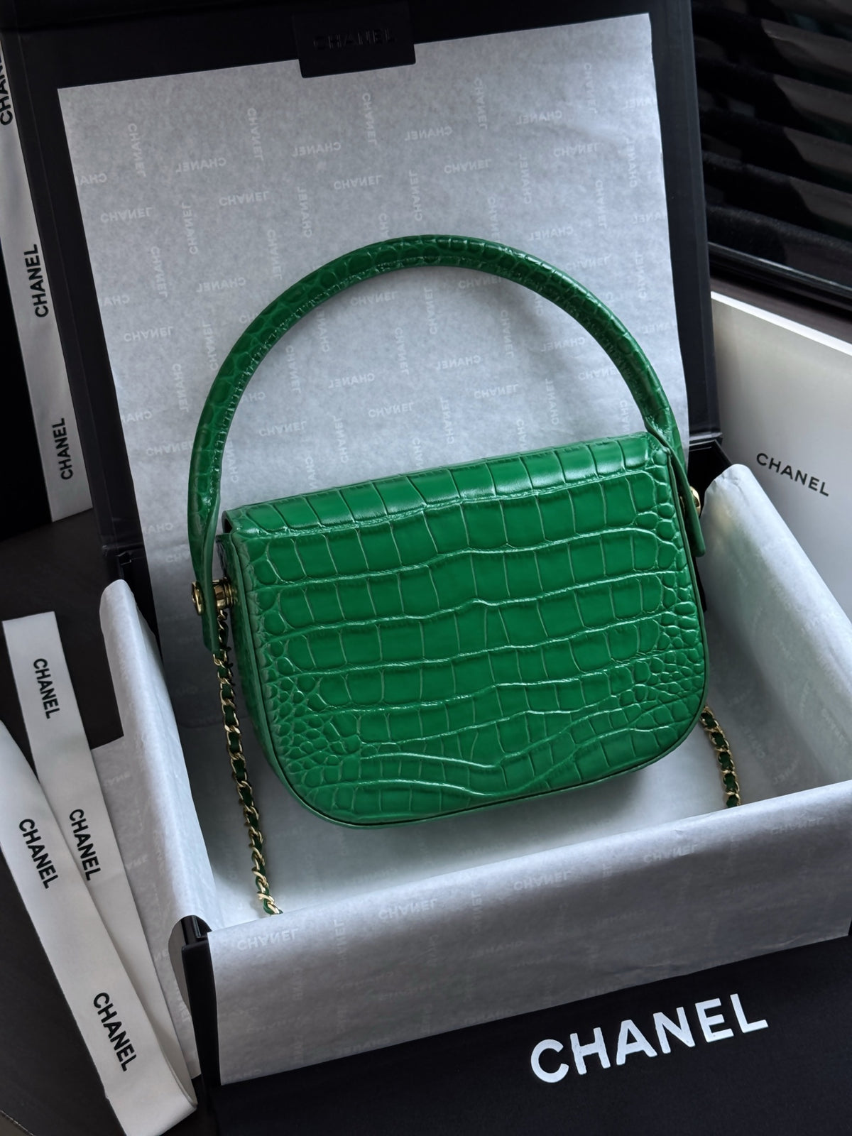 Chanel Mini Flap Bag With Top Handle Crocodile-Embossed Calfskin Green AS6424 – Pre-Owned Authentic