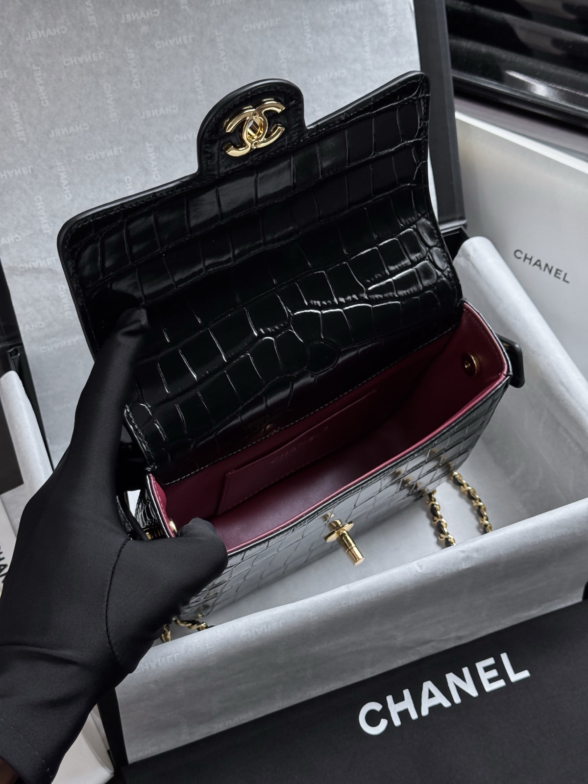 Chanel Mini Flap Bag With Top Handle Crocodile  Embossed Leather in Black AS6424 - Pre-Owned Authentic