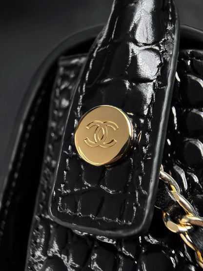 Chanel Mini Flap Bag With Top Handle Crocodile  Embossed Leather in Black AS6424 - Pre-Owned Authentic