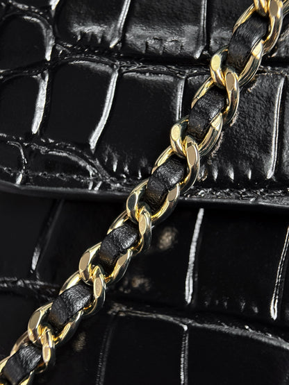 Chanel Mini Flap Bag With Top Handle Crocodile  Embossed Leather in Black AS6424 - Pre-Owned Authentic