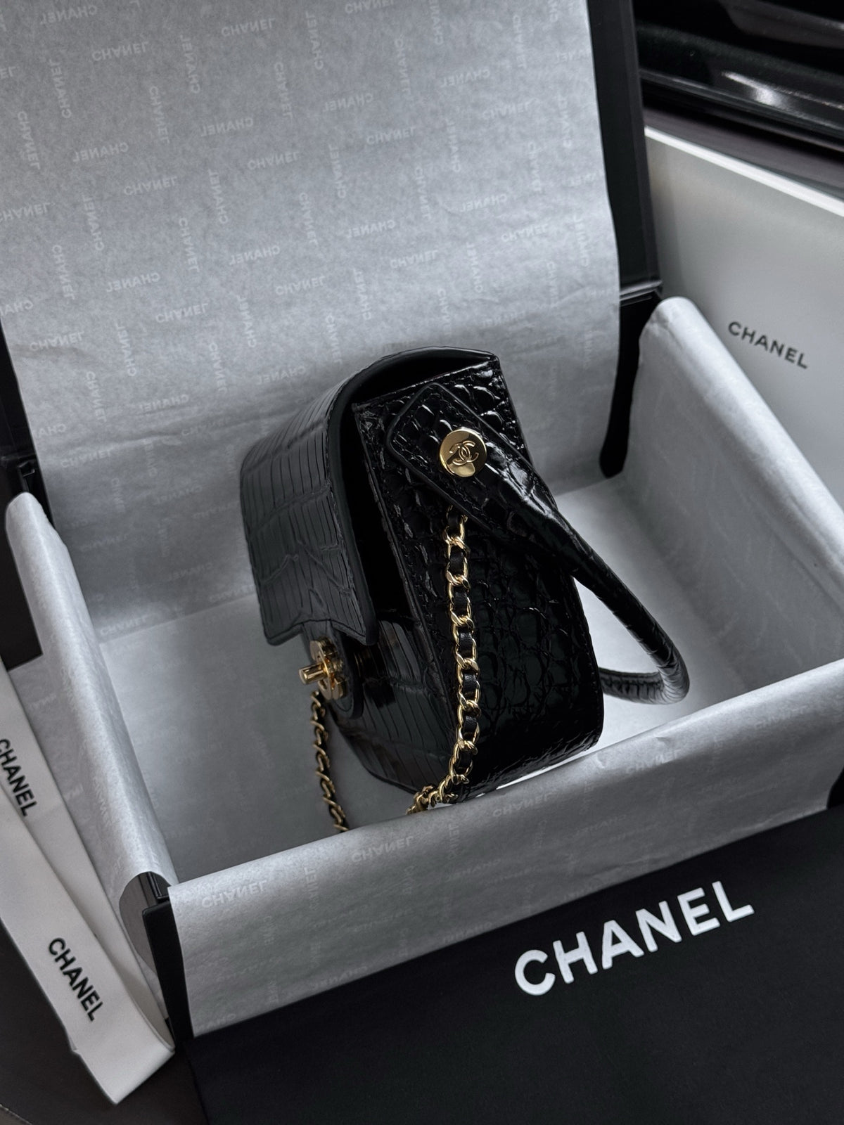 Chanel Mini Flap Bag With Top Handle Crocodile  Embossed Leather in Black AS6424 - Pre-Owned Authentic
