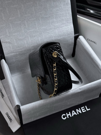Chanel Mini Flap Bag With Top Handle Crocodile  Embossed Leather in Black AS6424 - Pre-Owned Authentic