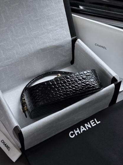 Chanel Mini Flap Bag With Top Handle Crocodile  Embossed Leather in Black AS6424 - Pre-Owned Authentic