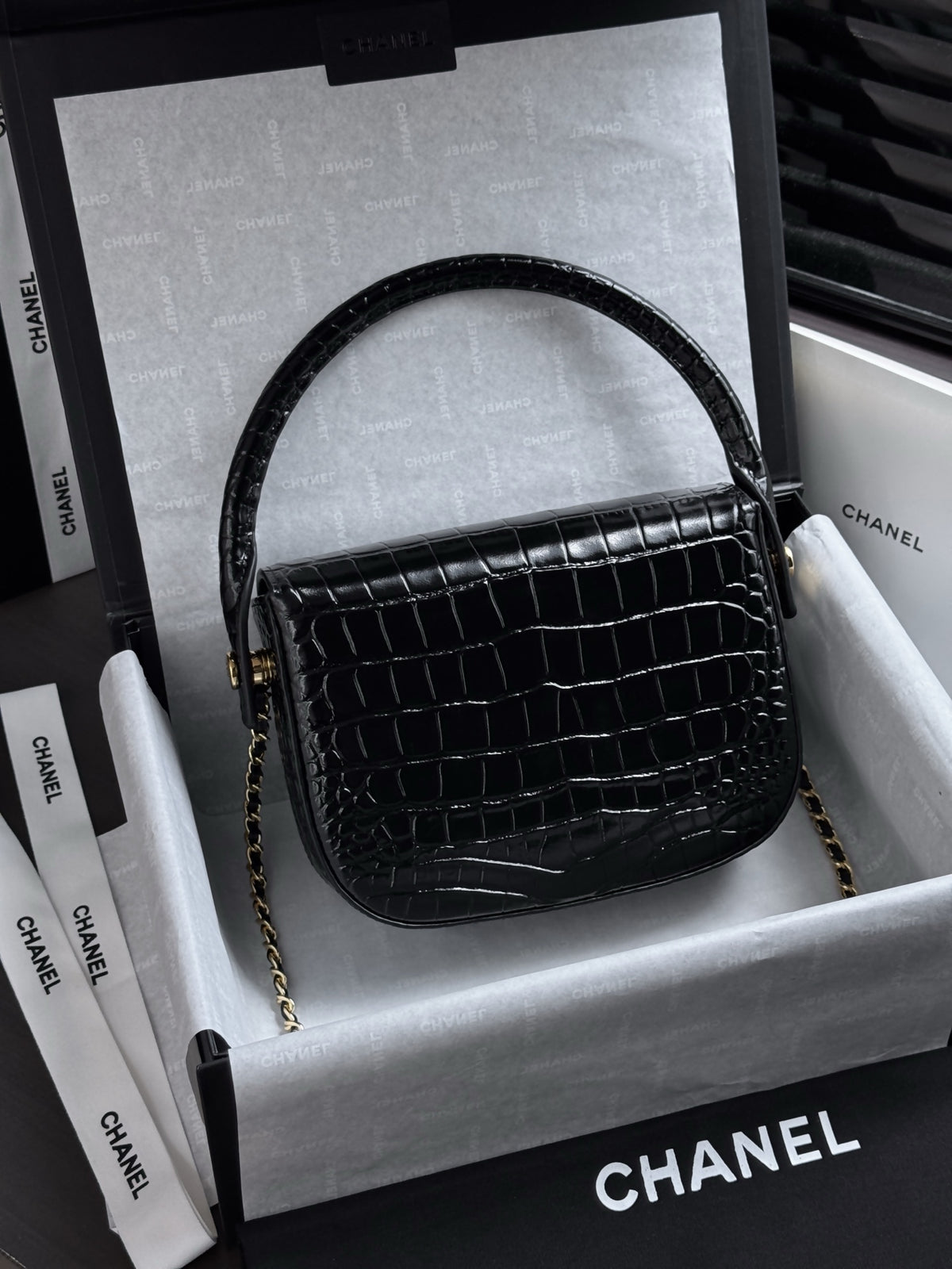 Chanel Mini Flap Bag With Top Handle Crocodile  Embossed Leather in Black AS6424 - Pre-Owned Authentic