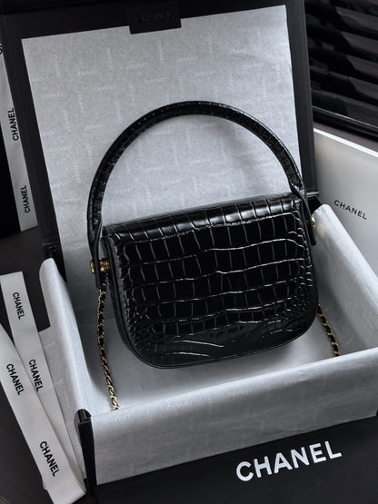 Chanel Mini Flap Bag With Top Handle Crocodile  Embossed Leather in Black AS6424 - Pre-Owned Authentic