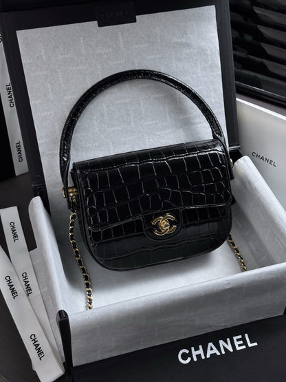 Chanel Mini Flap Bag With Top Handle Crocodile  Embossed Leather in Black AS6424 - Pre-Owned Authentic