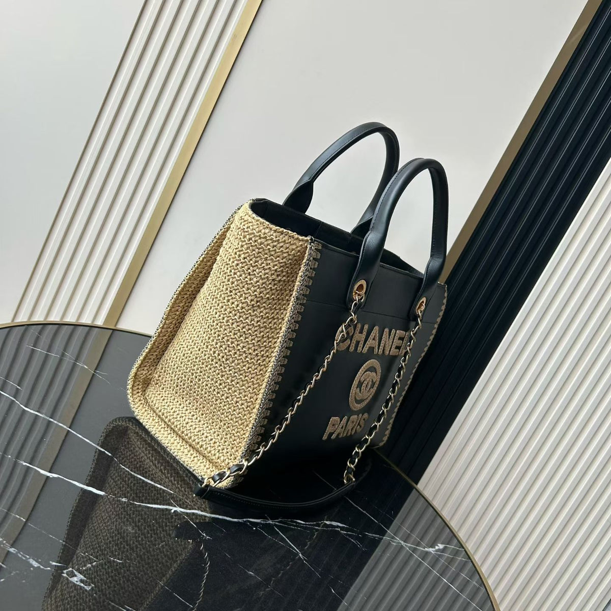 Chanel Deauville Tote in  Black & Biege - Pre-Owned Authentic