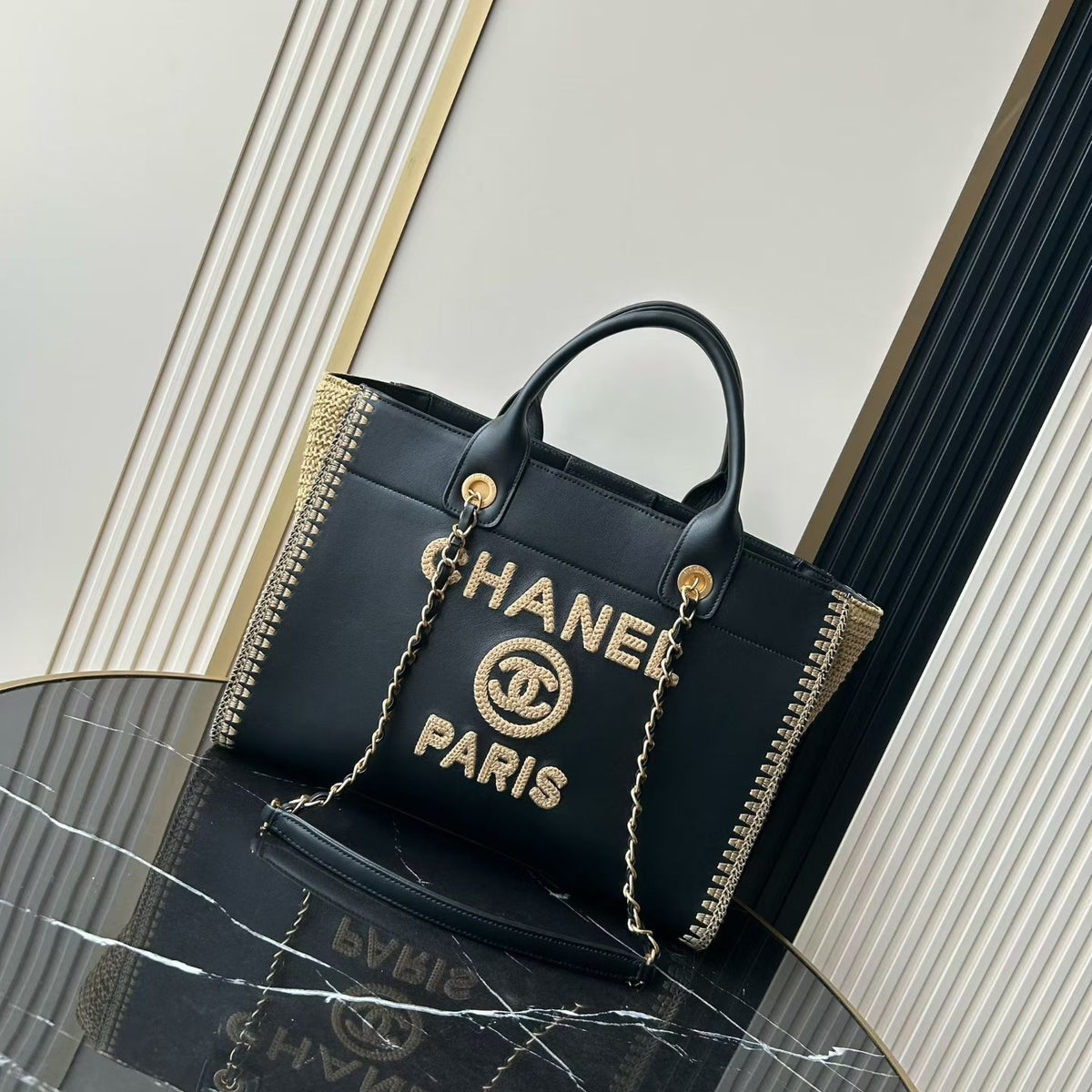 Chanel Deauville Tote in  Black & Biege - Pre-Owned Authentic