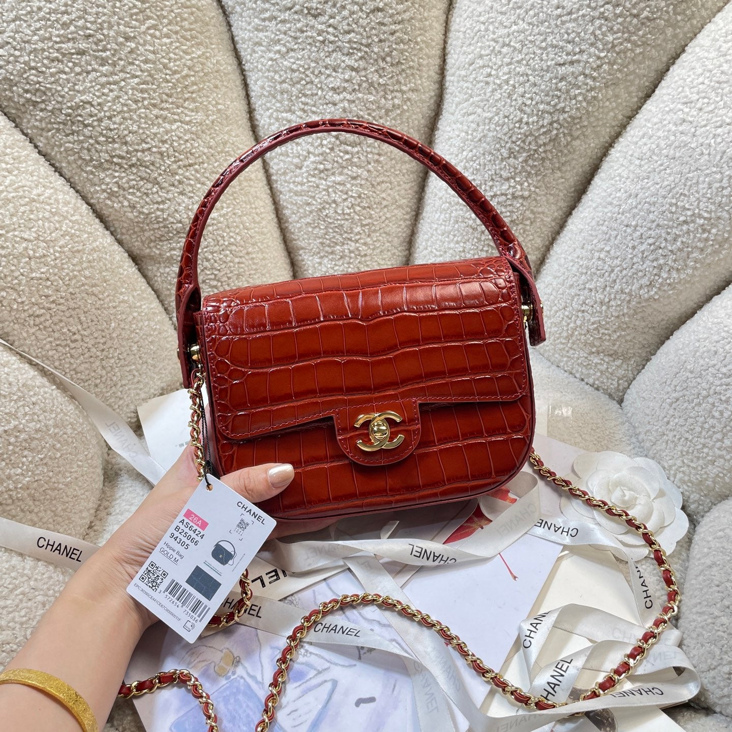 Chanel Mini Flap Bag With Top Handle Crocodile Leather in Red AS6424 - Pre-Owned Authentic