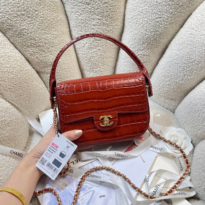 Chanel Mini Flap Bag With Top Handle Crocodile Leather in Red AS6424 - Pre-Owned Authentic