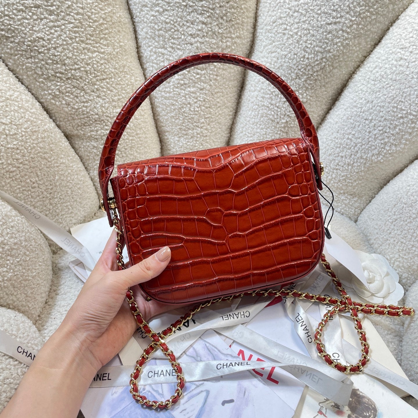 Chanel Mini Flap Bag With Top Handle Crocodile Leather in Red AS6424 - Pre-Owned Authentic