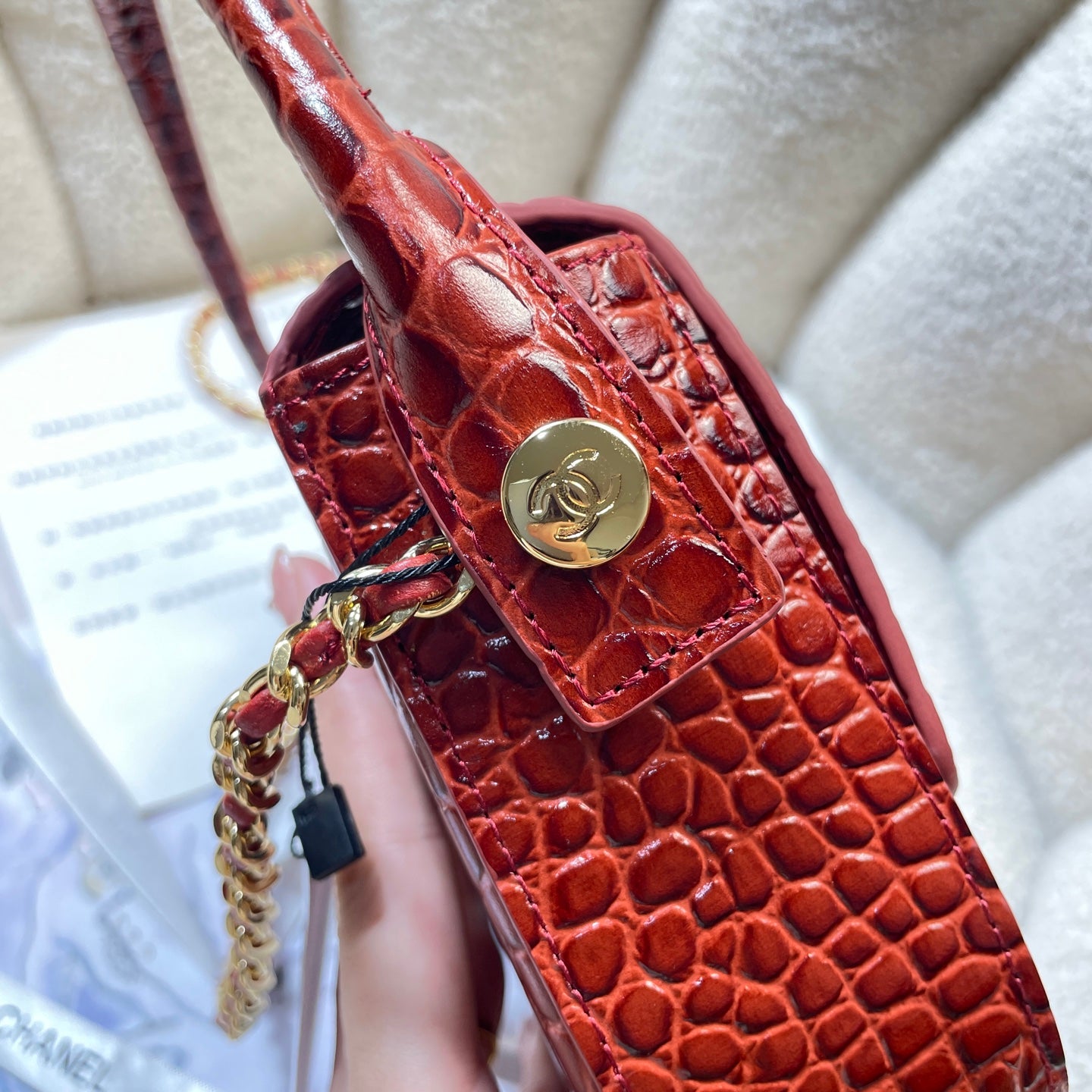 Chanel Mini Flap Bag With Top Handle Crocodile Leather in Red AS6424 - Pre-Owned Authentic