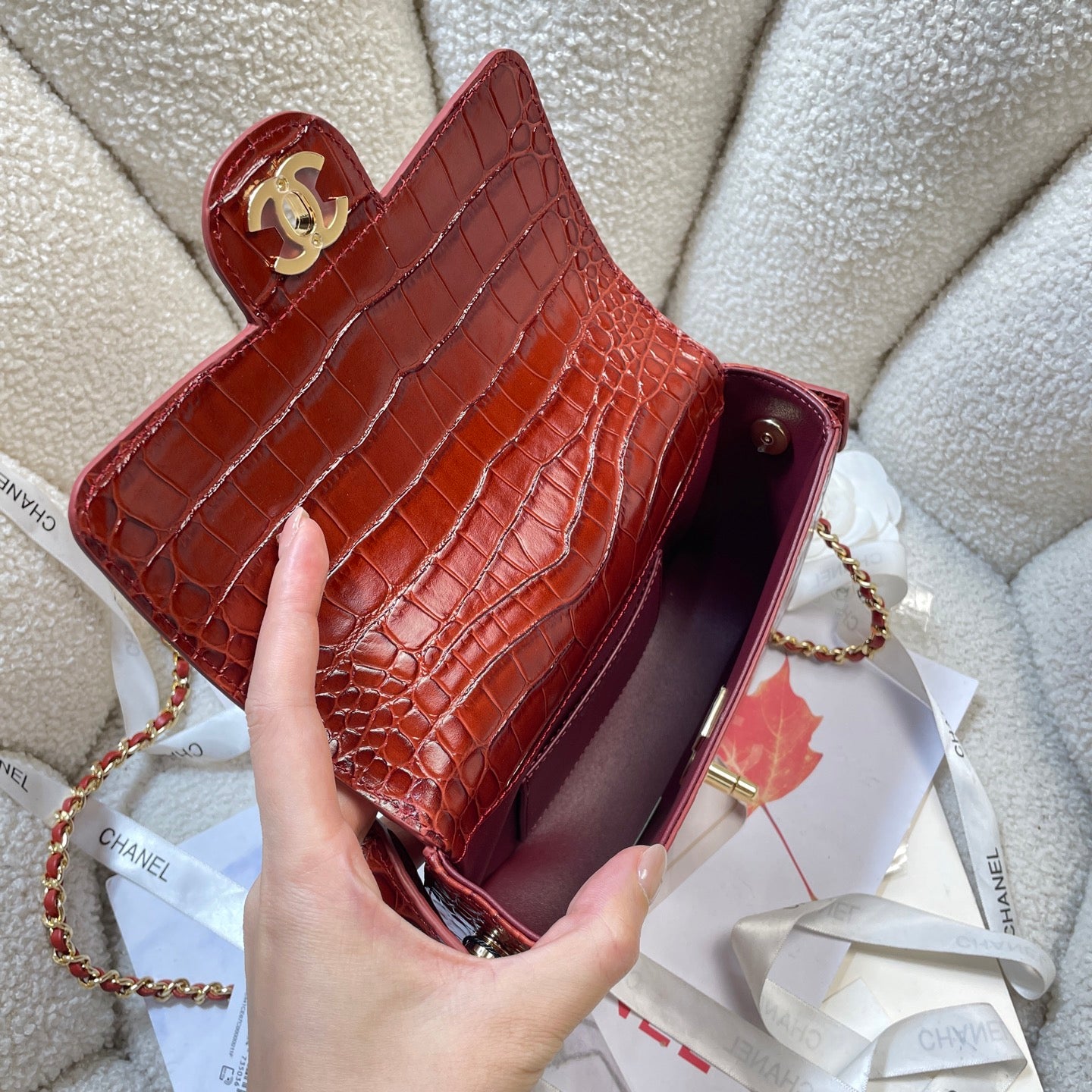 Chanel Mini Flap Bag With Top Handle Crocodile Leather in Red AS6424 - Pre-Owned Authentic