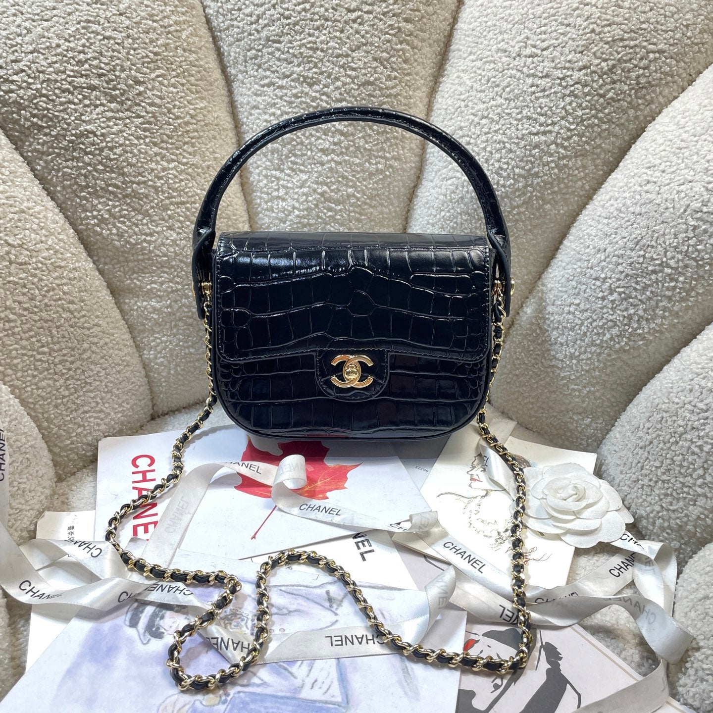 Chanel Mini Flap Bag With Top Handle Crocodile Leather in Black AS6424 - Pre-Owned Authentic