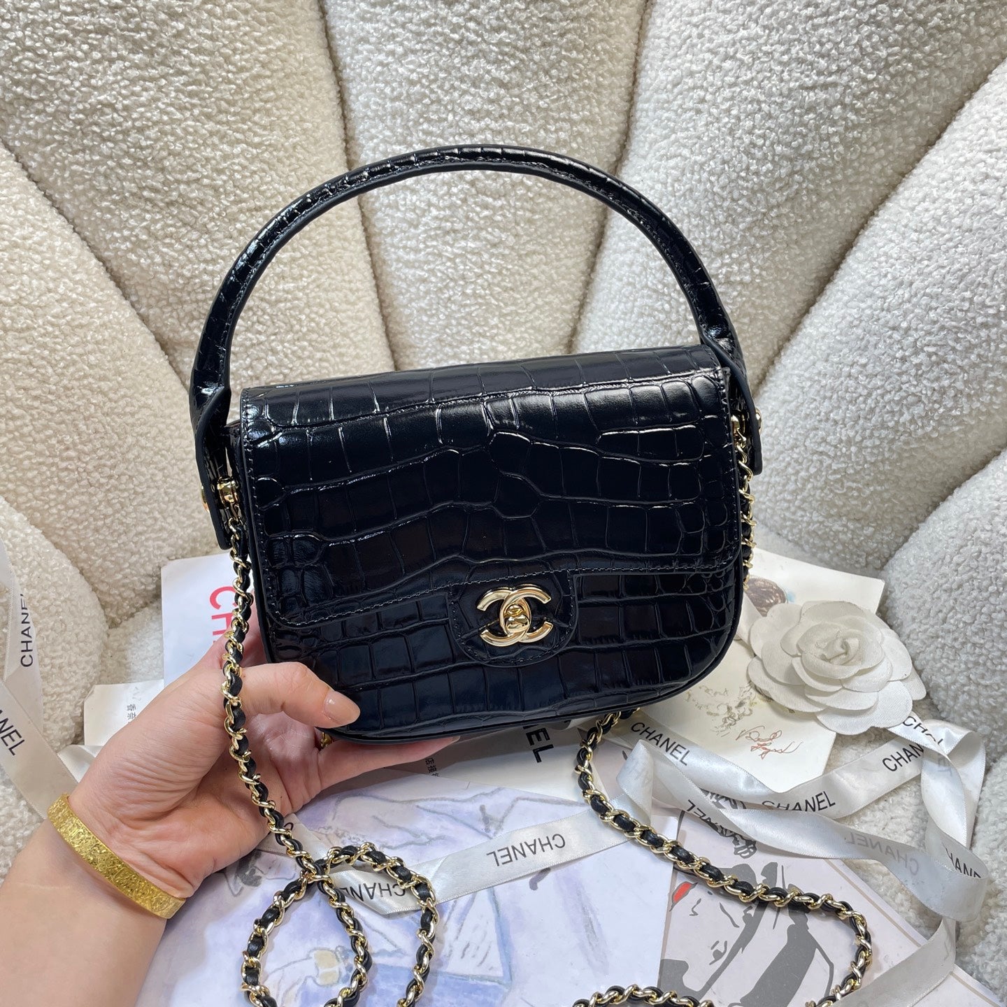 Chanel Mini Flap Bag With Top Handle Crocodile Leather in Black AS6424 - Pre-Owned Authentic