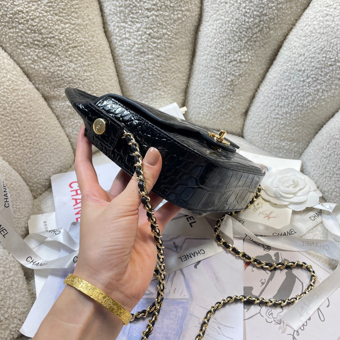 Chanel Mini Flap Bag With Top Handle Crocodile Leather in Black AS6424 - Pre-Owned Authentic
