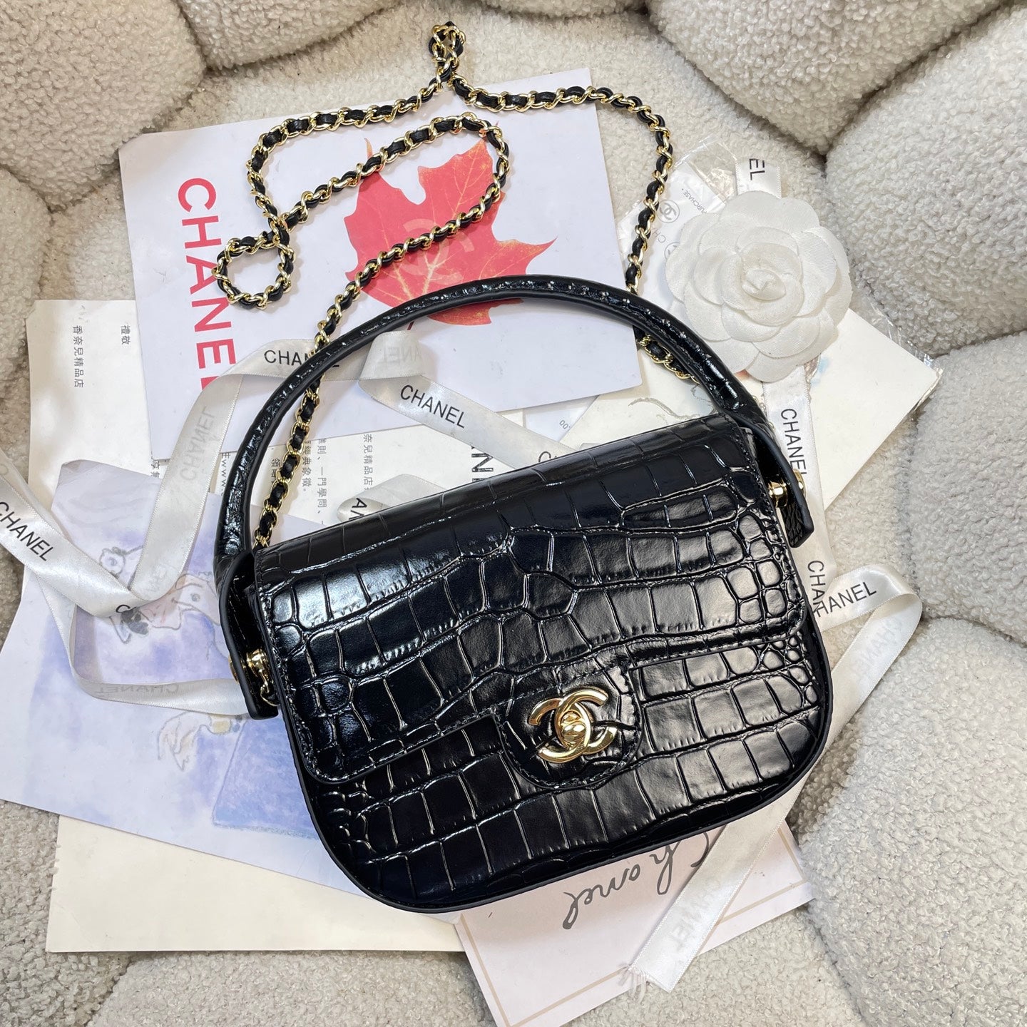 Chanel Mini Flap Bag With Top Handle Crocodile Leather in Black AS6424 - Pre-Owned Authentic