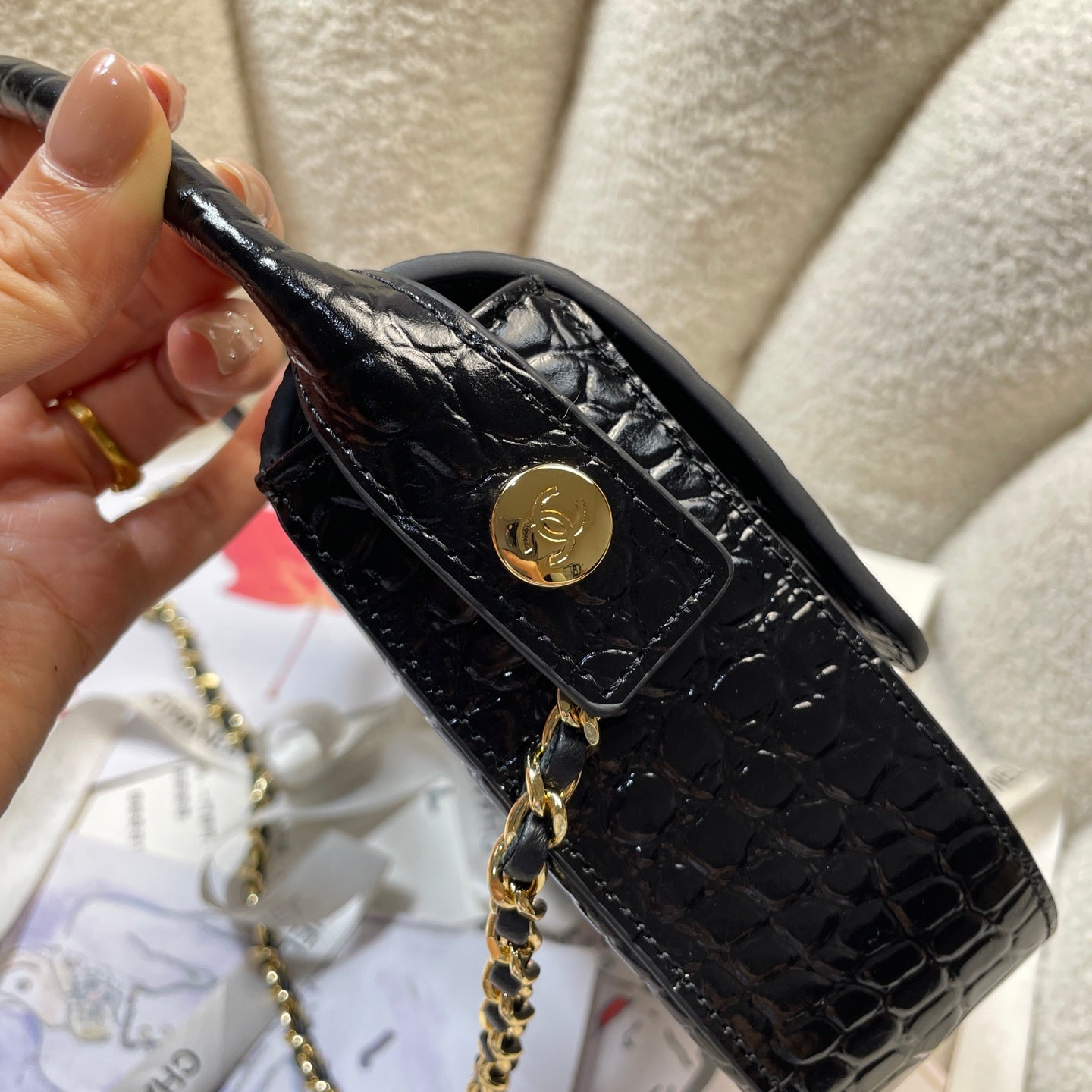Chanel Mini Flap Bag With Top Handle Crocodile Leather in Black AS6424 - Pre-Owned Authentic