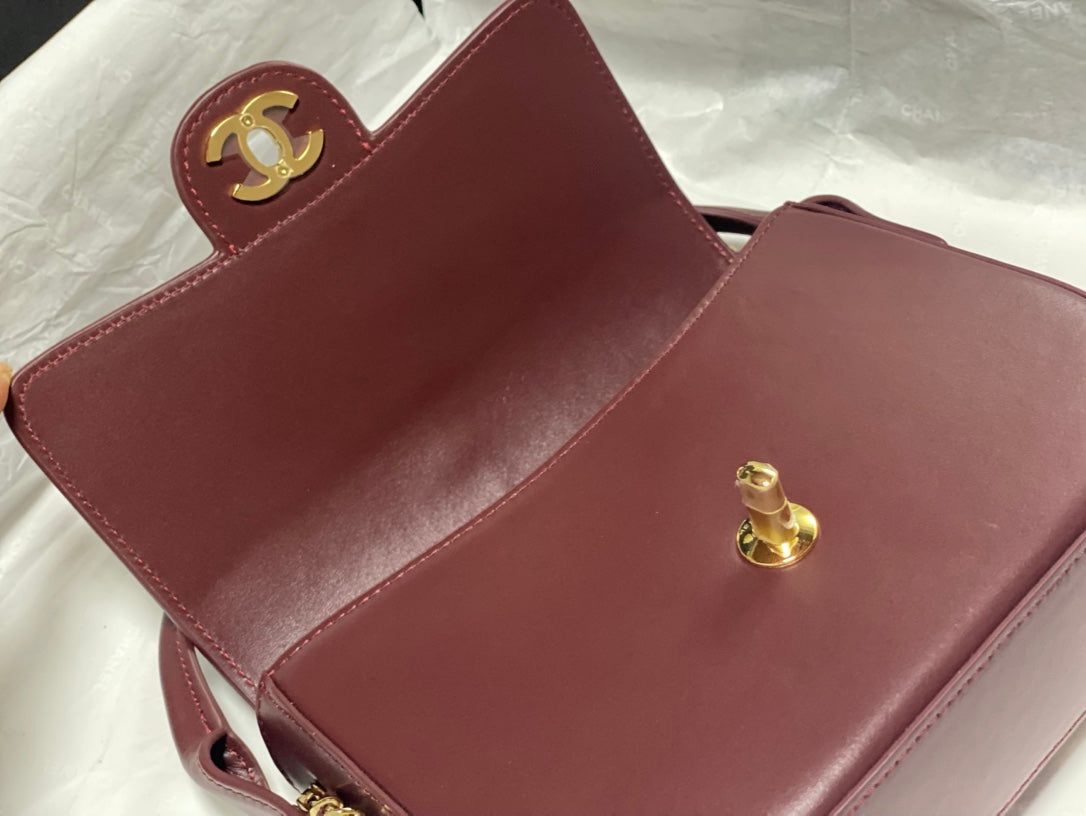 Chanel Mini Flap Bag With Top Handle Shiny Calfskin in Burgundy  AS6424 - Pre-Owned Authentic METIERS D'ART