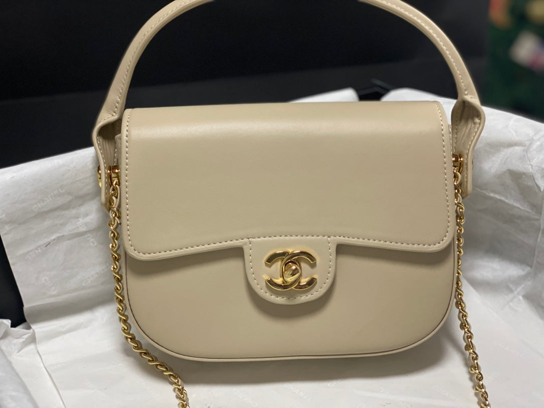 Chanel Mini Flap Bag With Top Handle Shiny Calfskin in Biege  AS6424 - Pre-Owned Authentic