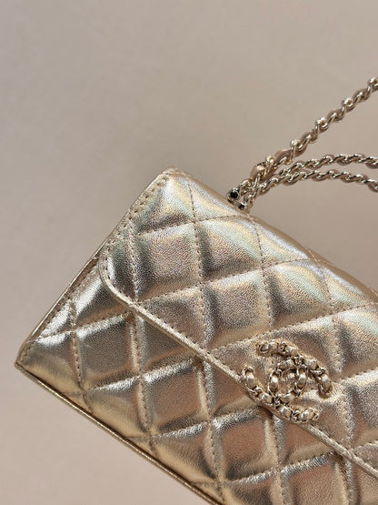 Chanel Clutch on Chain with Top Handle  in Champagne Gold closeup front view