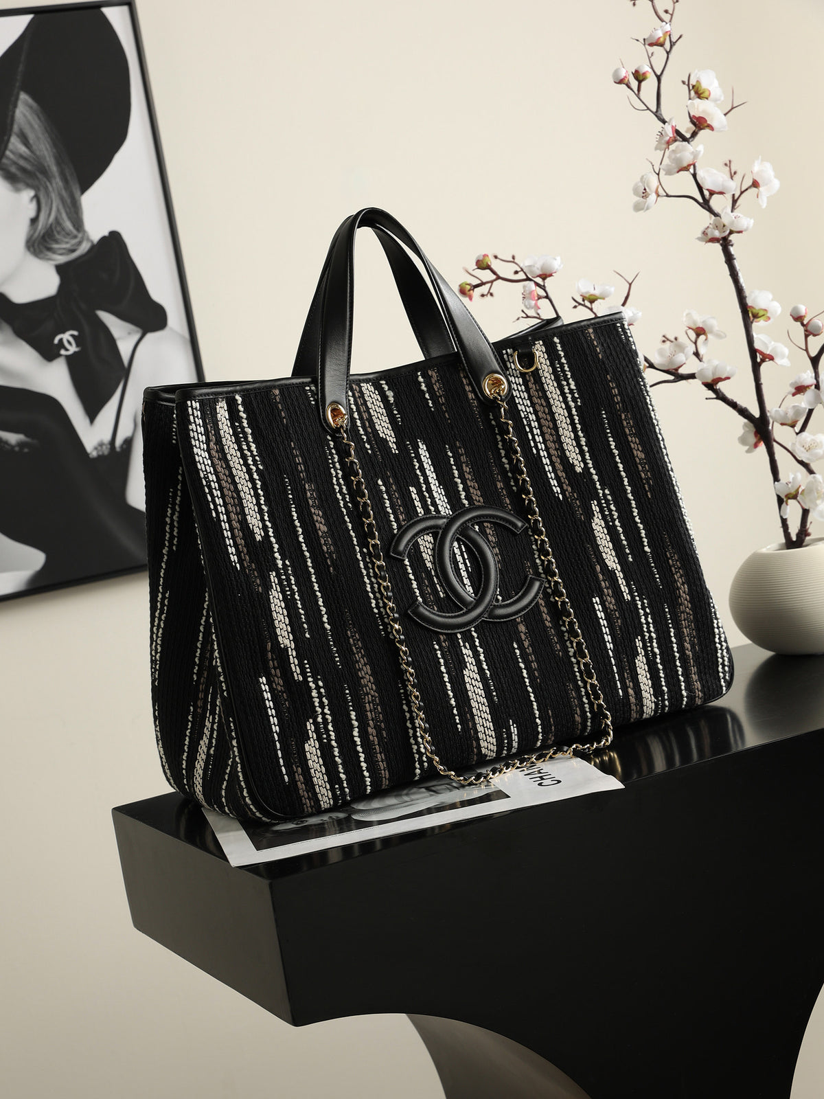 Chanel Large Shopping Bag – Black, White & Gray full view