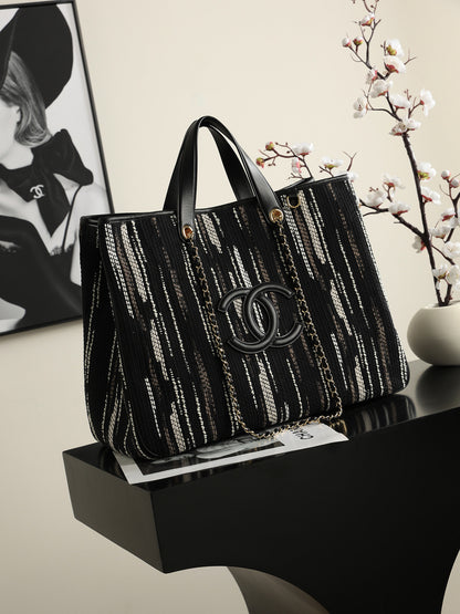 Chanel Large Shopping Bag – Black, White & Gray full view