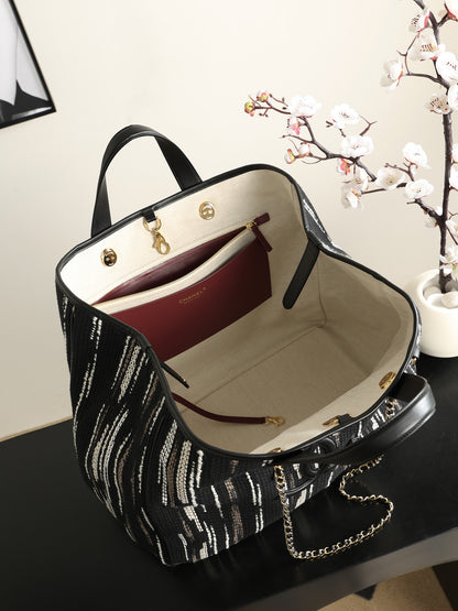 Chanel Large Shopping Bag – Black, White & Gray interior view
